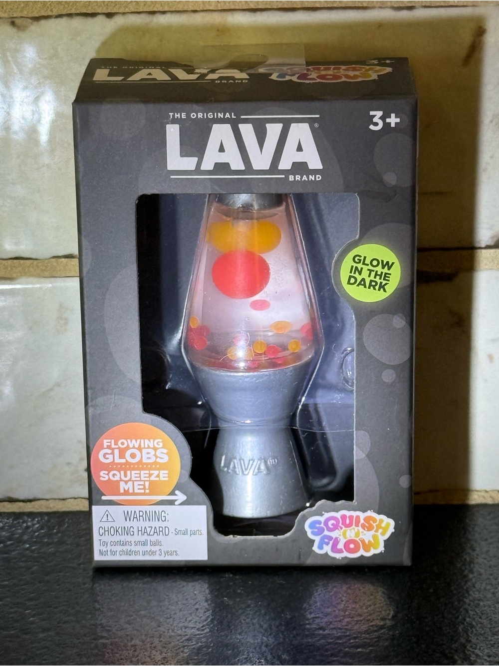 LAVA Glow-in-the-Dark Mini Lava Lamp - Silver Base with Red & Yellow Globs